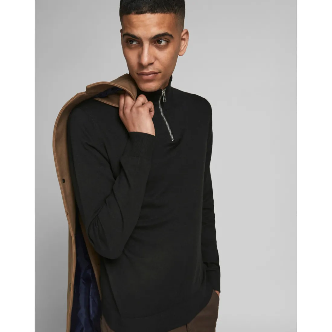 Pull zip Col haut Manches longues Noir en coton