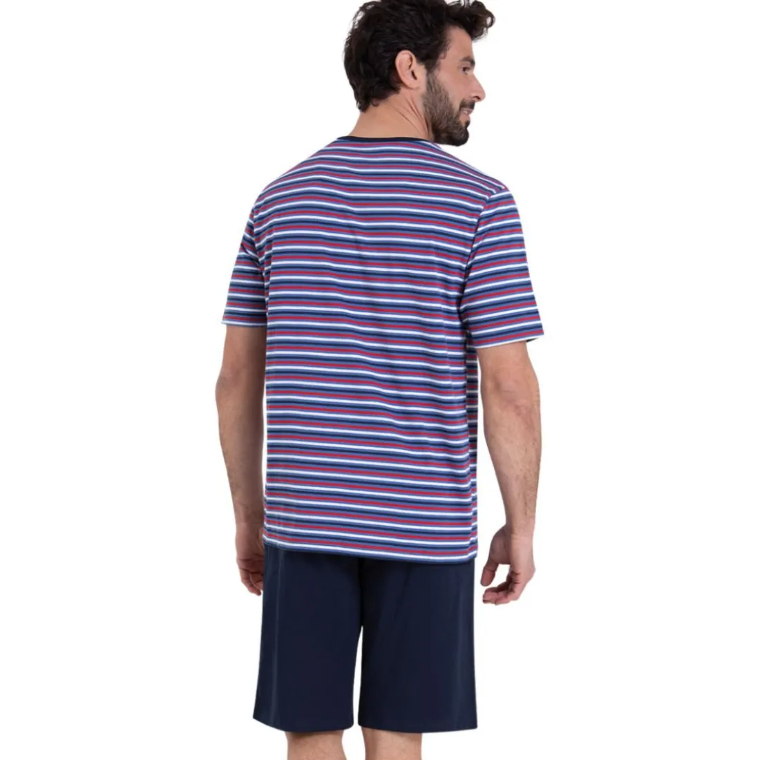 Pyjama court col rond homme Rayures Waves Athena multicolore en coton
