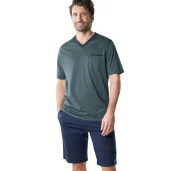 Pyjama court col V homme Mercerise Eminence vert en coton