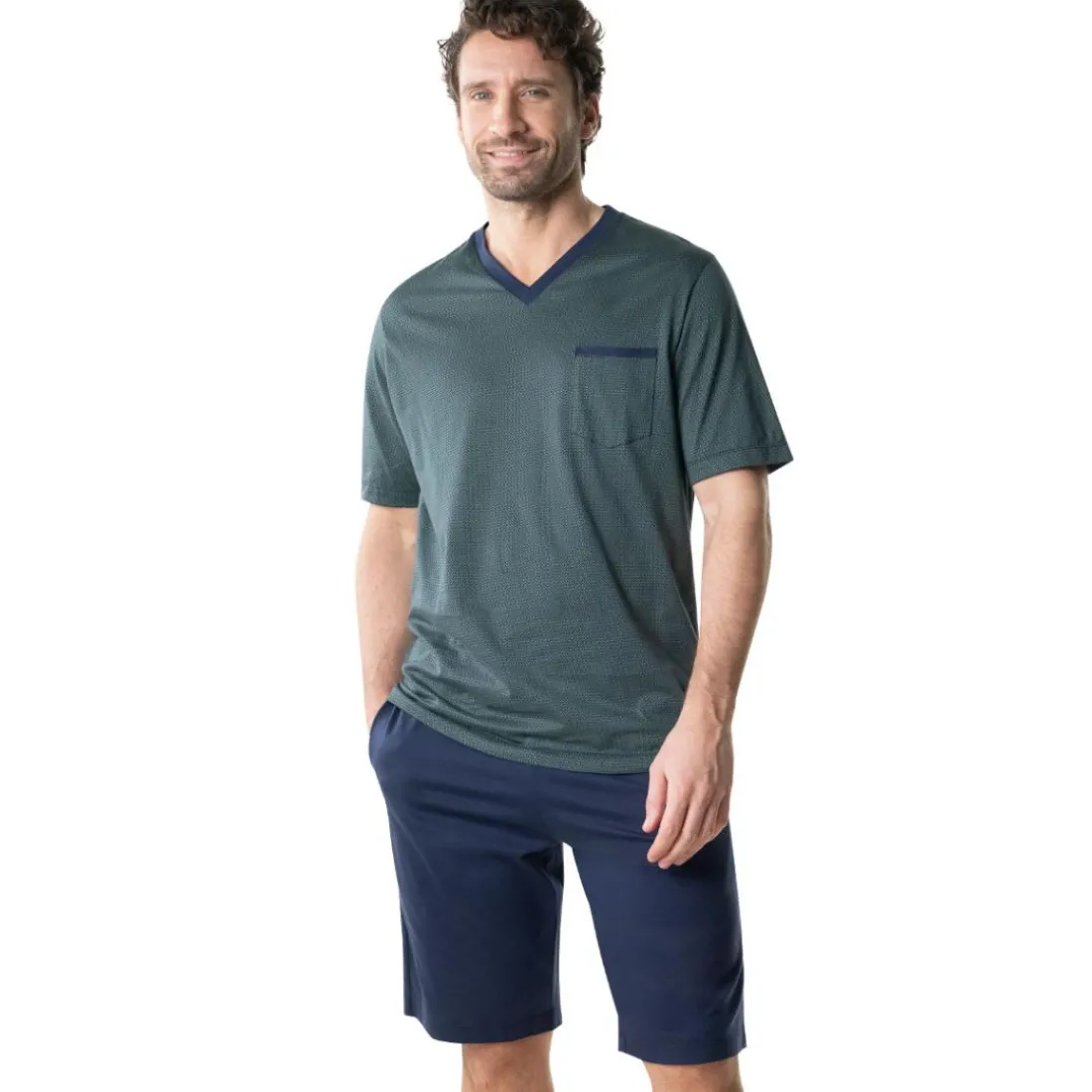 Pyjama court col V homme Mercerise Eminence vert en coton