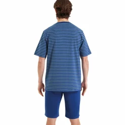 Pyjama court Rayures Fish & Chips bleu en coton pour homme