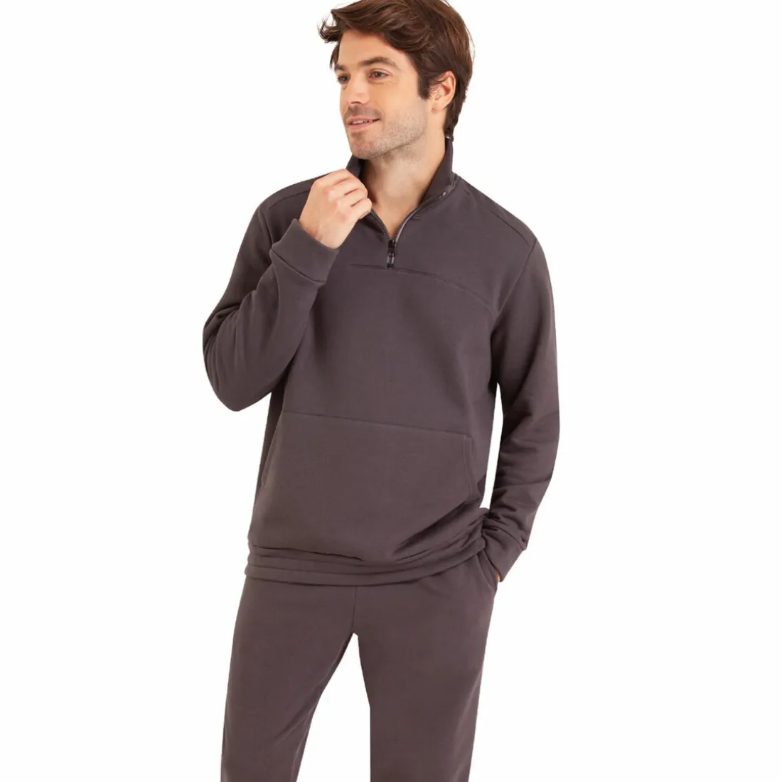 Pyjama long col ouvert homme Interlock gris en coton