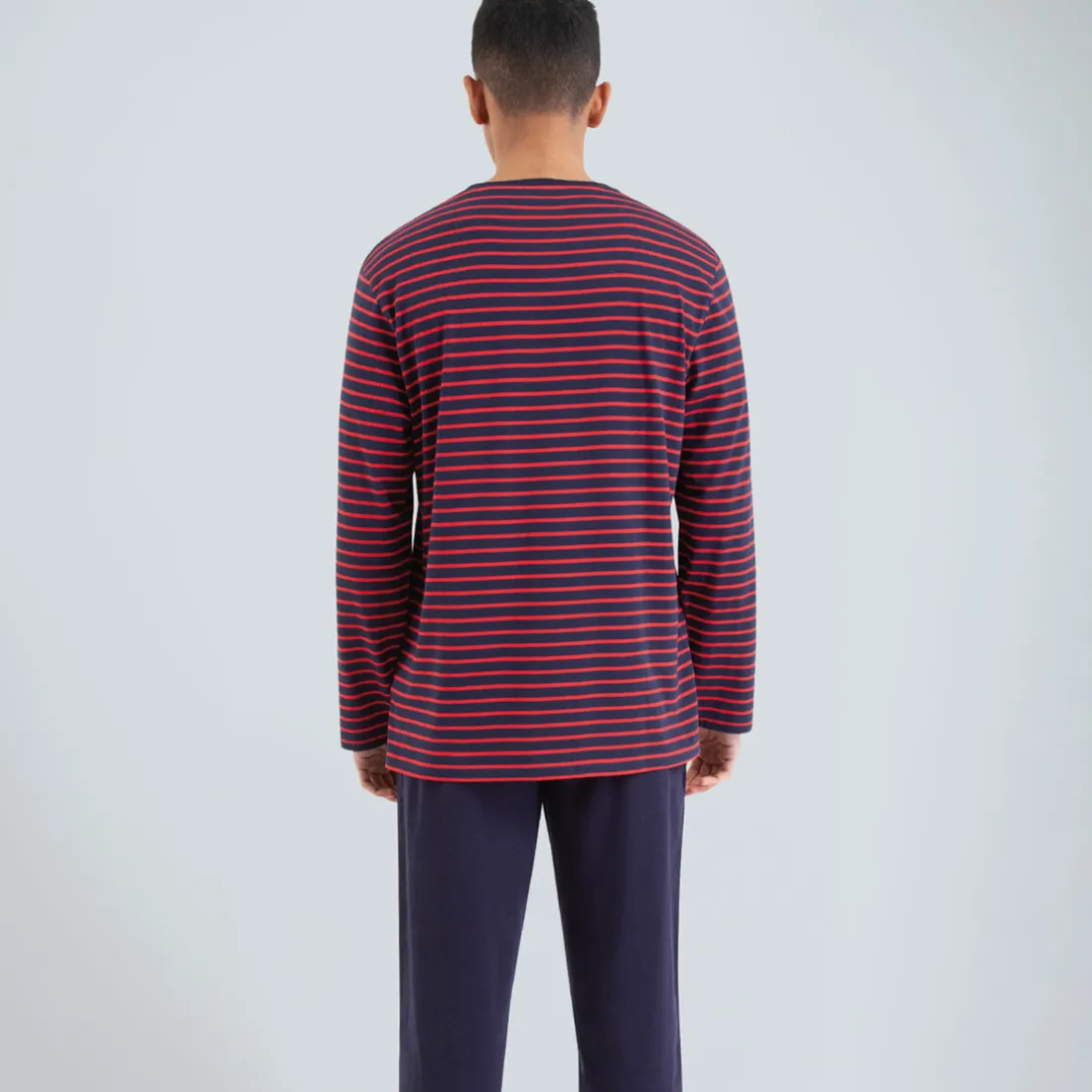 Pyjama long col rond homme Rayures rouge en coton