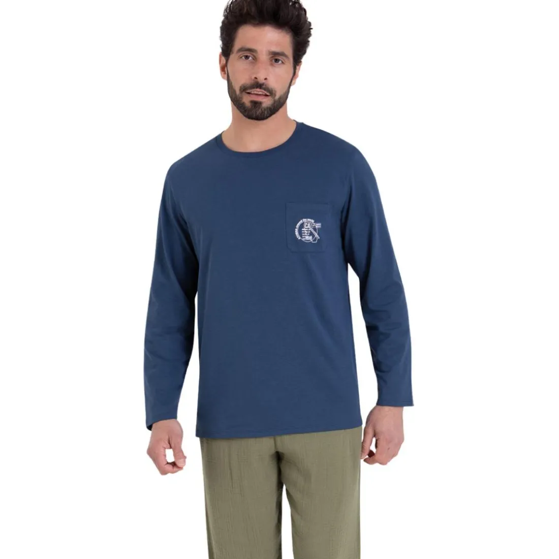 Pyjama long col rond homme Easy coton Athena multicolore