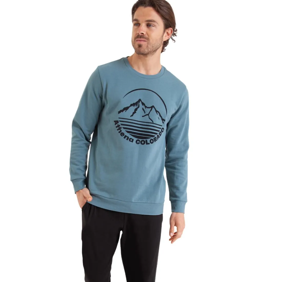 Pyjama long col rond homme Molleton Athena noir en coton