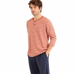 Pyjama long col T homme - Orange en coton