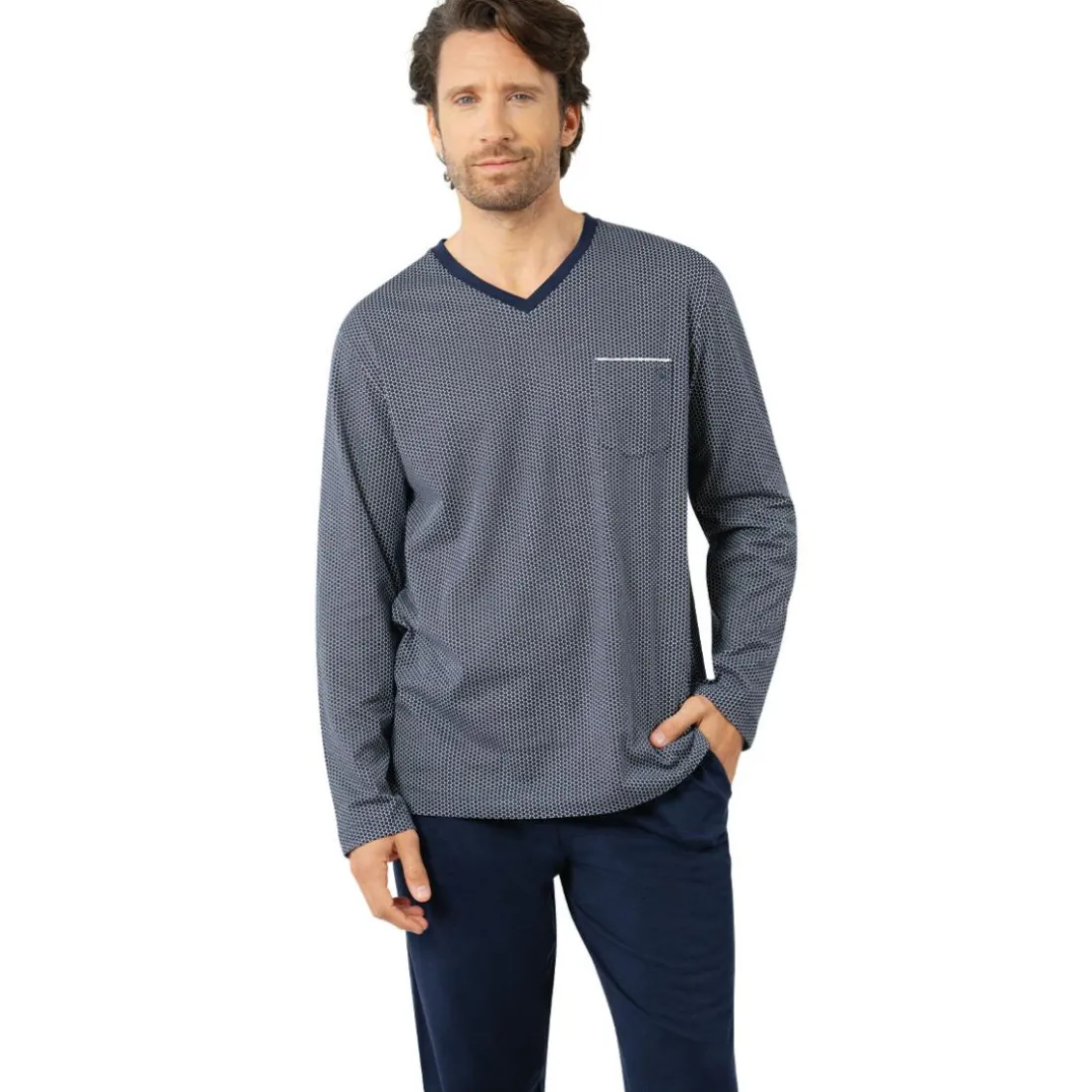 Pyjama long col V homme Business Eminence bleu en coton