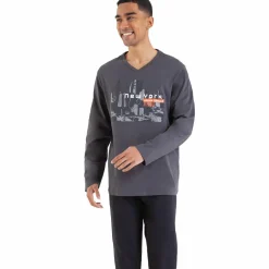Pyjama long col V homme Nightwear Bleu Manches longues en coton