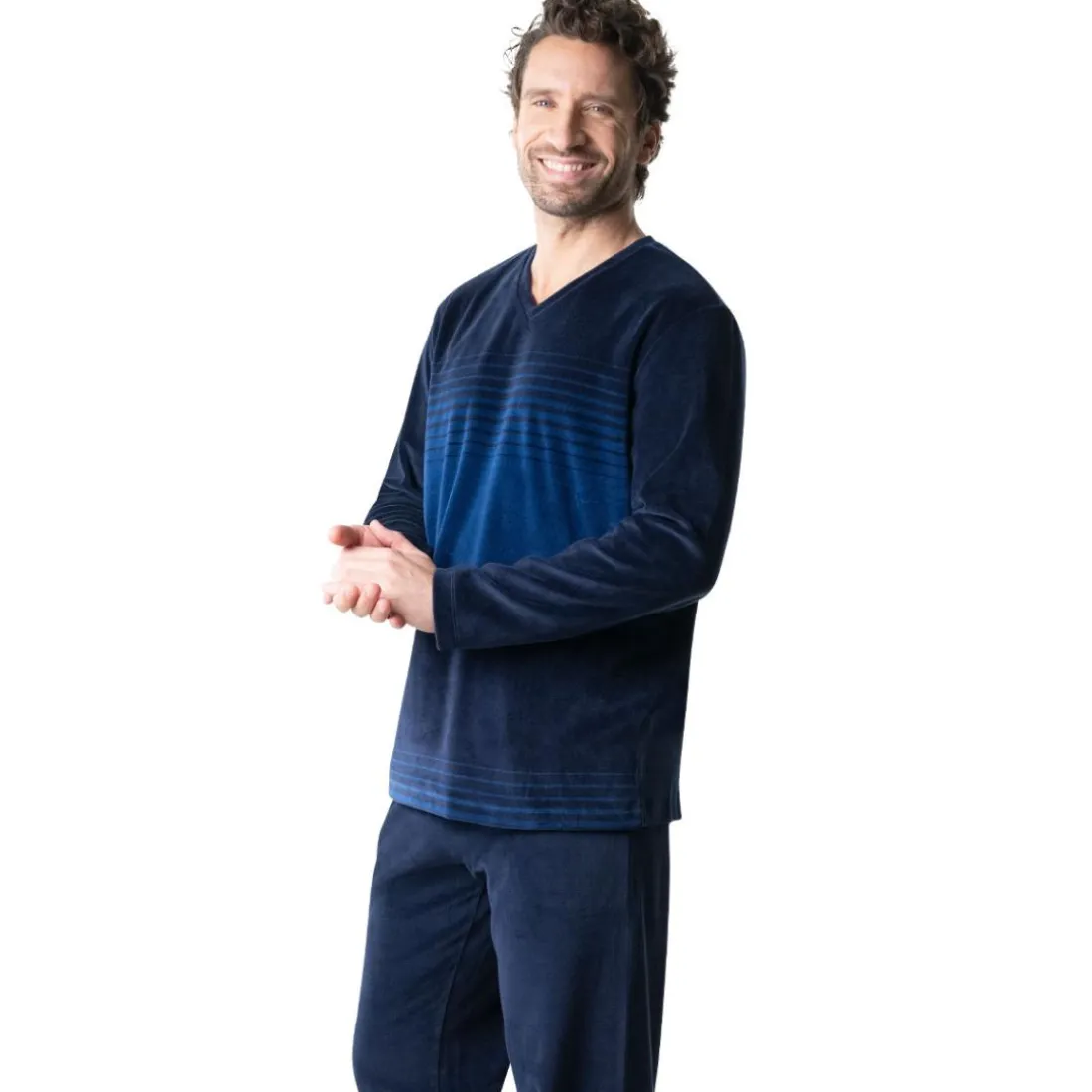 Pyjama long col V homme Velours Eminence bleu en coton