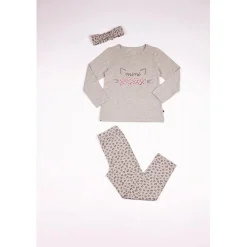 Pyjama Long fille avec Bandeau en Coton - Gris Imprimés Animaliers