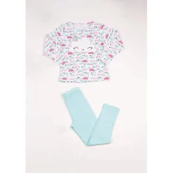 Pyjama Long fille en Coton - Blanc Imprimé / Vert Aqua
