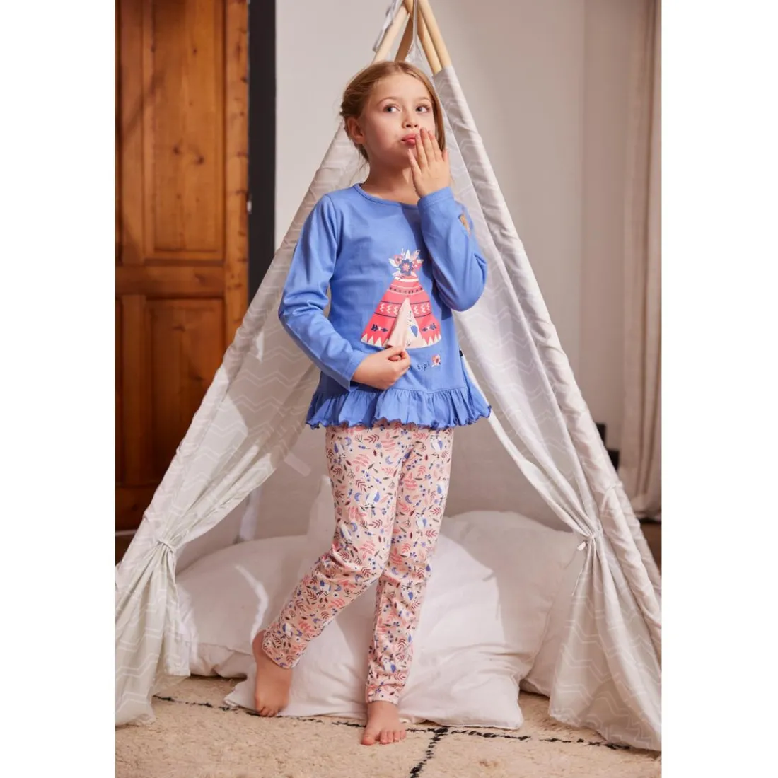 Pyjama Long fille en Coton - Bleu Imprimé / Nude Imprimé - Tipi