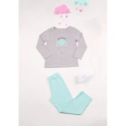 Pyjama Long fille en Coton - Gris Chiné Imprimé / Vert Aqua - pluie d'amour !