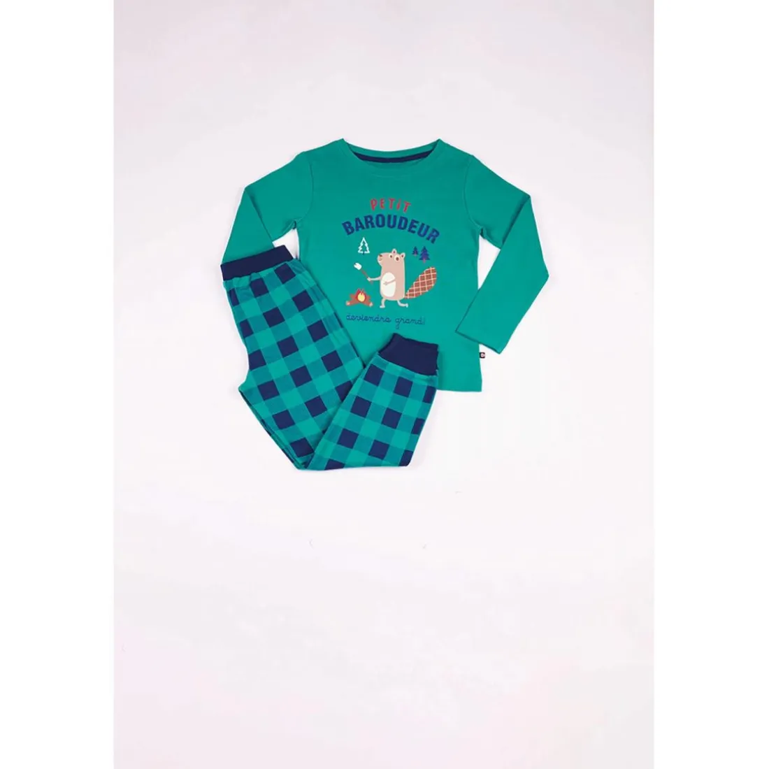 Pyjama Long Garçon en Coton - Vert Imprimé / Vert à Carreaux Bleu Marine