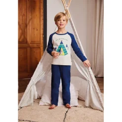 Pyjama Long Garçon en Coton - Blanc et Bleu Imprimé/ Bleu - mini aventurier