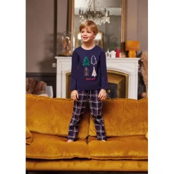 Pyjama Long Garçon en Coton - Bleu Marine Imprimé/ Bleu Marine à Carreaux - Sapins de Noël