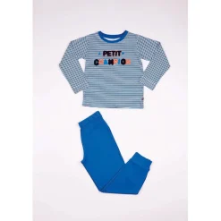Pyjama Long Garçon en Coton - à Rayures - Bleu - Noir et Blanc - Petit champion