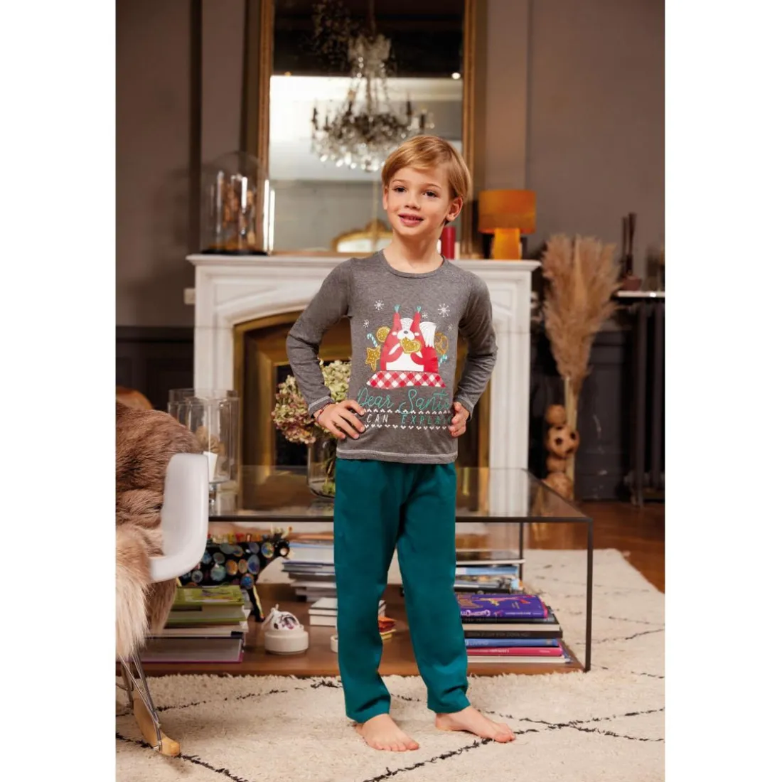 Pyjama Long Garçon en Coton - Gris Chiné Imprimé / Vert