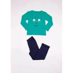 Pyjama Long Garçon en Coton - Vert Motifs Animaliers - Bleu Marine