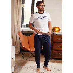 Pyjama Long homme en Coton - Blanc - Bleu Marine - Rouge / Bleu Marine Uni - Dodo Homewear