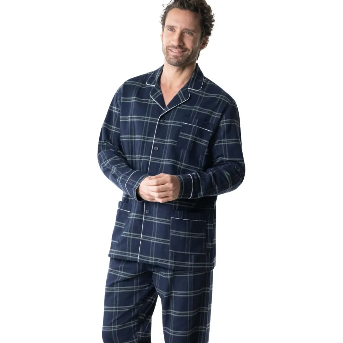 Pyjama long ouvert homme Flanelle Eminence en coton bleu