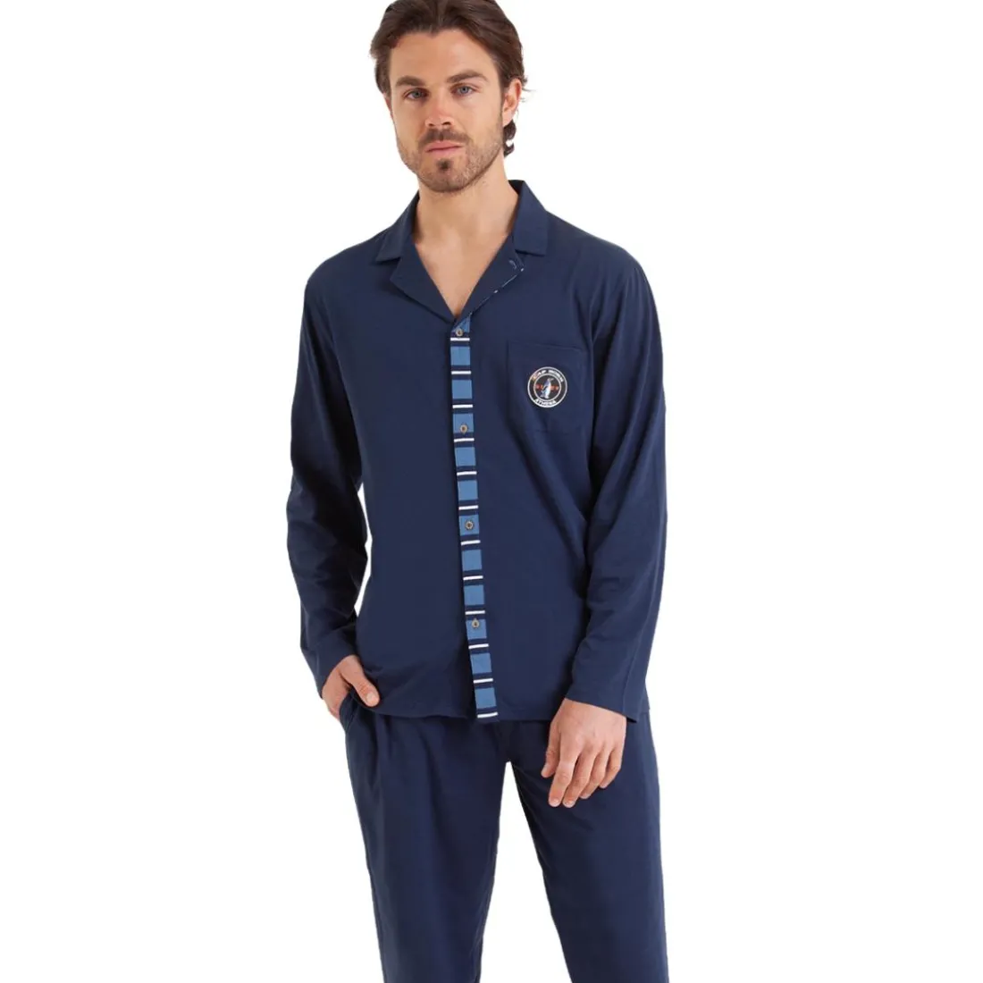 Pyjama long ouvert homme Rayures Cap Horn Athena bleu en coton