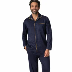 Pyjama long ouvert homme Mercerisé bleu en coton