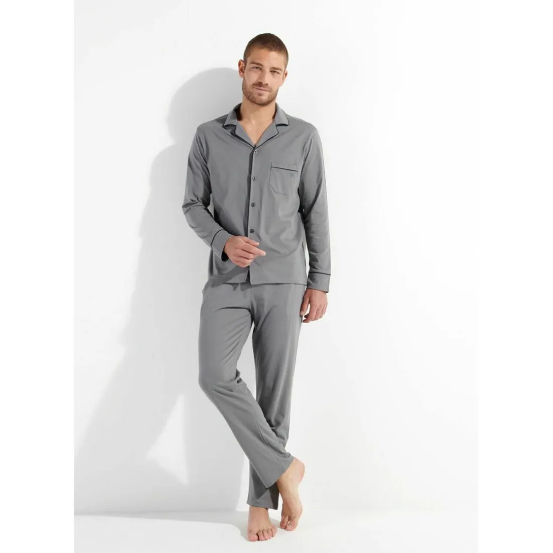 Pyjama pantalon gris passepoil marine en coton