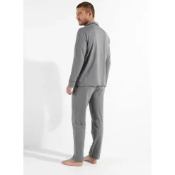 Pyjama pantalon gris passepoil marine en coton