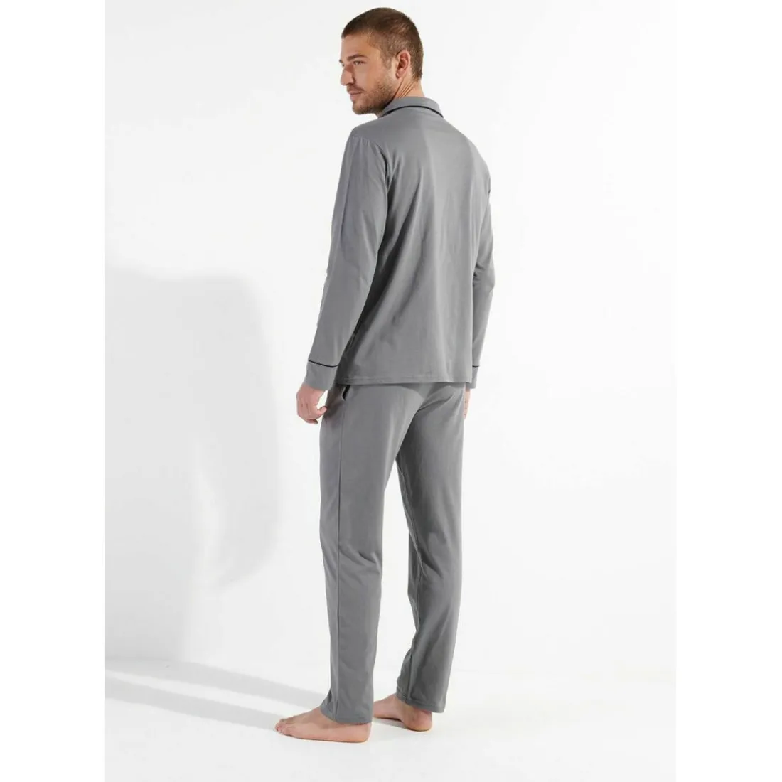 Pyjama pantalon gris passepoil marine en coton