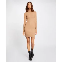 Robe ajustée col roulé maille fine beige en viscose