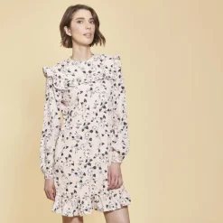 Robe avec volants imprimée manches longues femme - Rose