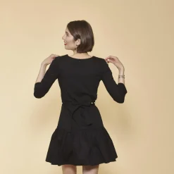 Robe bas volanté manches 3/4 gigot et ceinture avec perles femme - Noir en coton
