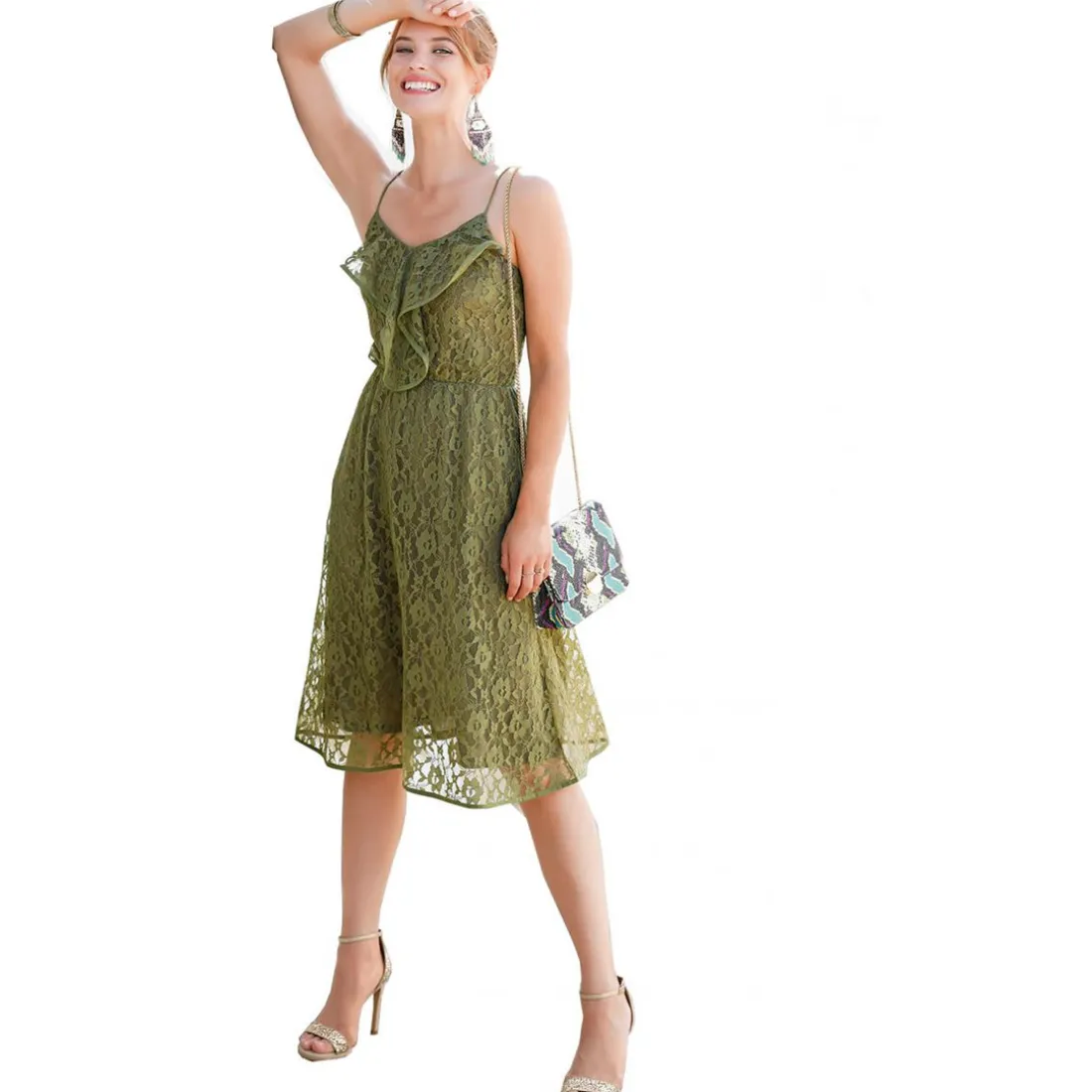 Robe bustier en dentelle doublée kaki