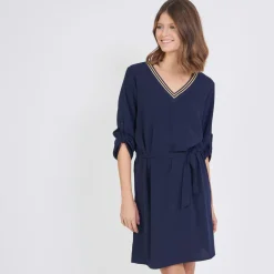 Robe ceinturée col V rayé June