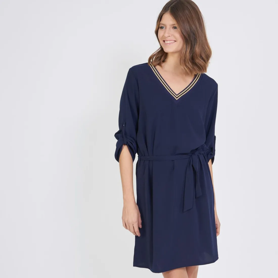 Robe ceinturée col V rayé June