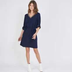 Robe ceinturée col V rayé June