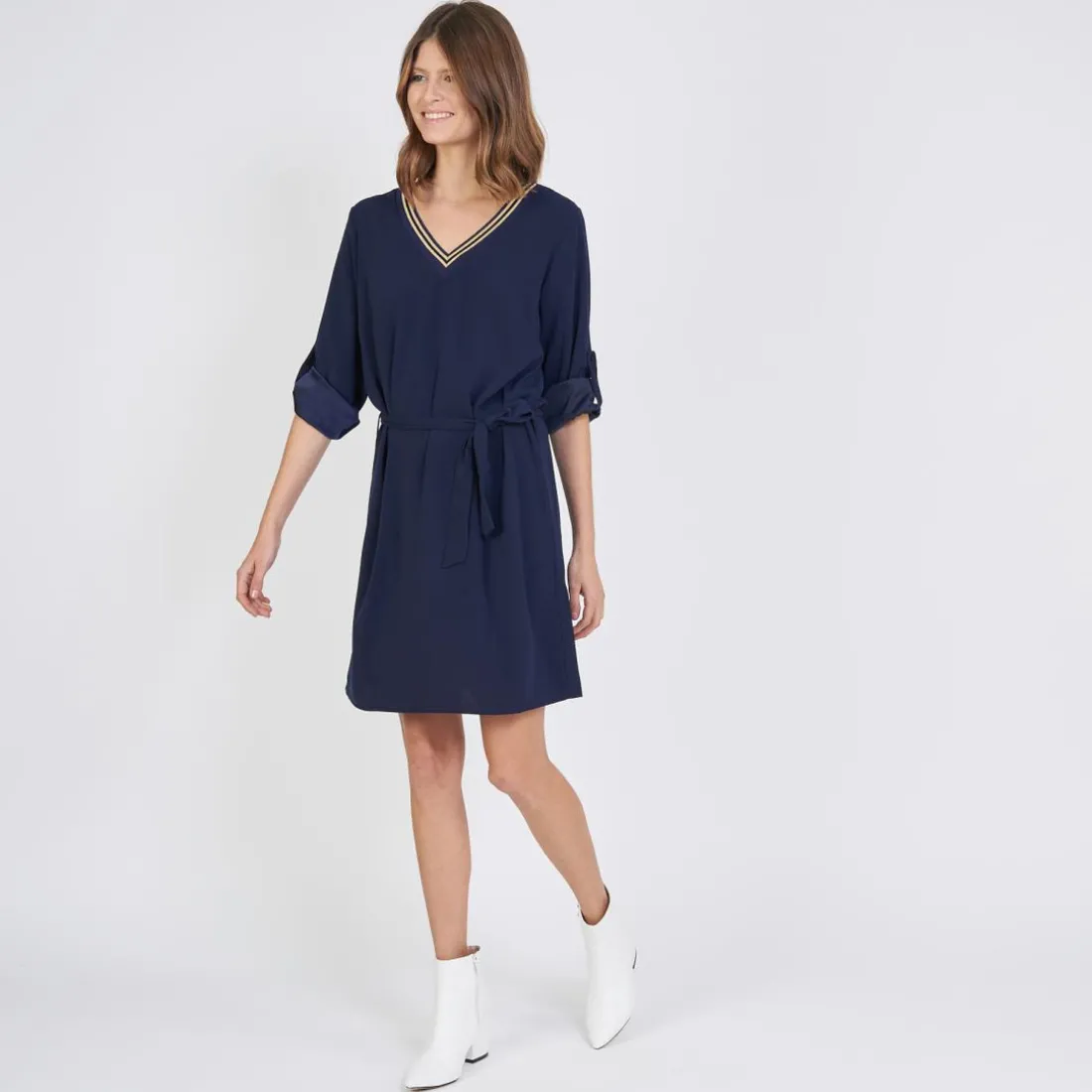 Robe ceinturée col V rayé June