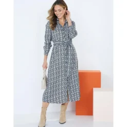 Robe chemise à manches longues avec ceinture - Kaki