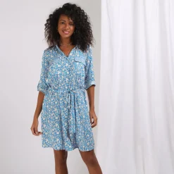 Robe chemise ceinturée imprimée bleu en viscose