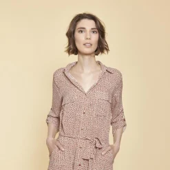 Robe chemise ceinturée imprimée rouge en viscose