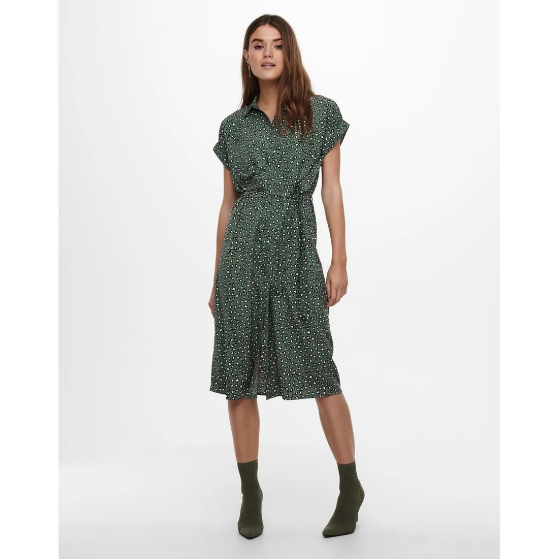 Robe chemise Imprimé all over Manches courtes Au-dessus du genou Poignets repliés vert