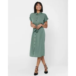 Robe chemise Manches courtes Au-dessus du genou Poignets repliés vert