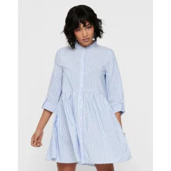 Robe chemise Rayures Col rond Manches 3/4 Au-dessus du genou Poignets repliés blanc en coton