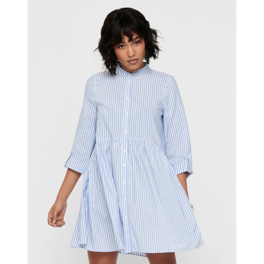 Robe chemise Rayures Col rond Manches 3/4 Au-dessus du genou Poignets repliés blanc en coton