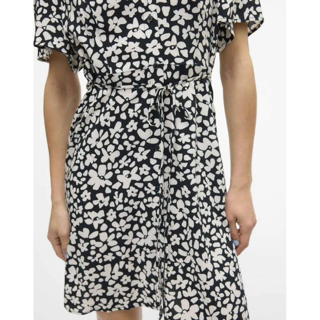 Robe court col en v manches larges manches courtes noir Kai