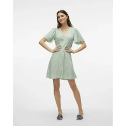 Robe court col en v manches larges manches courtes vert Noémie
