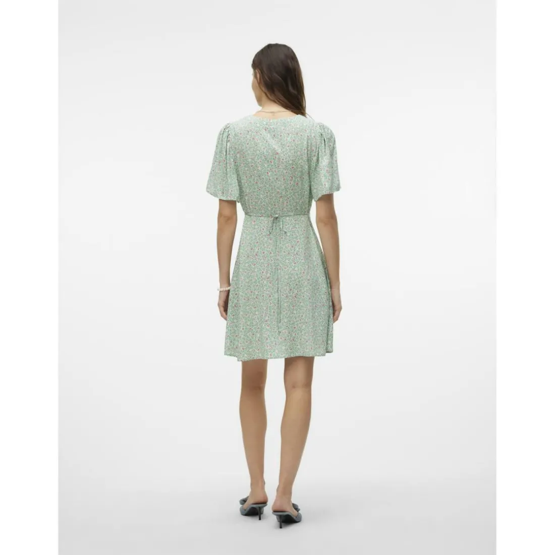 Robe court col en v manches larges manches courtes vert Noémie