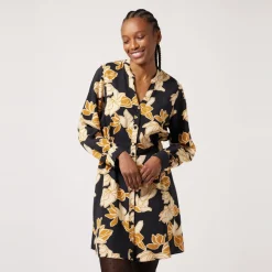 Robe courte ç manches longues imprimée floral noir
