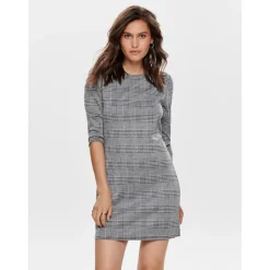 Robe courte Carreaux Col rond Manches 3/4 Au-dessus du genou noir
